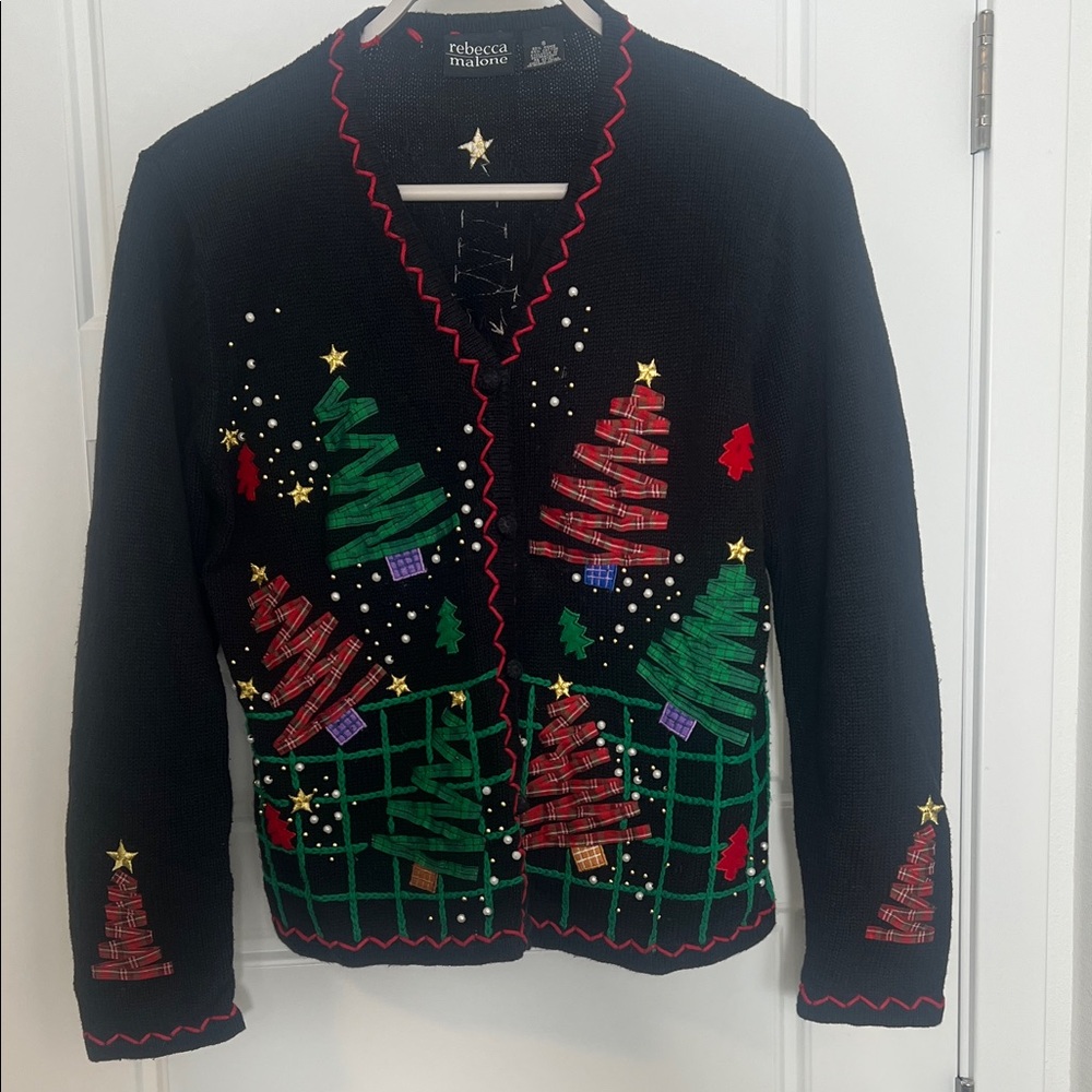 Rebecca Malone Holiday Cardigan with Green and Red Trees